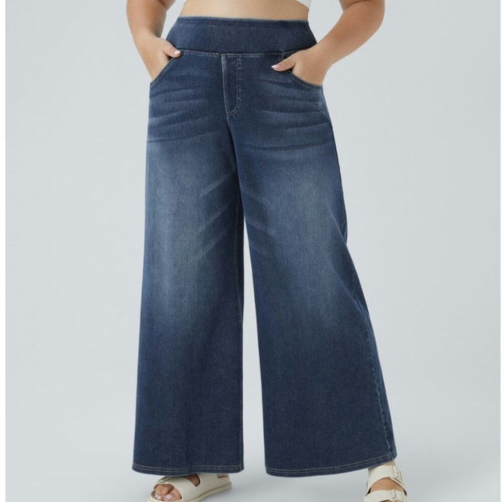 Sz 2X HALARA Blue Flex™ High Waist Pockets Baggy Wide Leg Washed Stretch Jeans